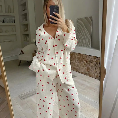 Summer New Love Heart Print Pyjama 100% Cotton Long Sleeve Set 2Pcs Outfit Lapel Sleepwear Button Down Women&