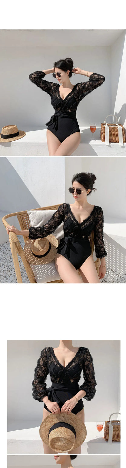 Long Sleeve Korean Style One Piece Swimwear Women Solid Black Mesh Patchwork Belt Push Up Bathing Suit Swimwear Monokini 2025