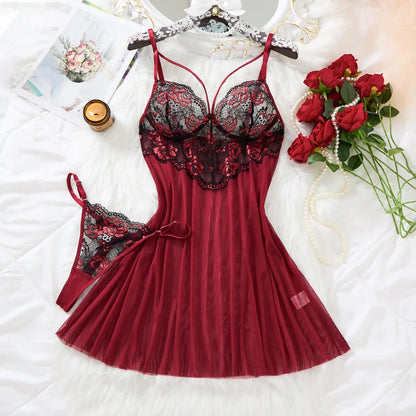 Red wine rose embroidered lace nightgown set - Retro style deep V mesh sheer camisole thong set ZA825133