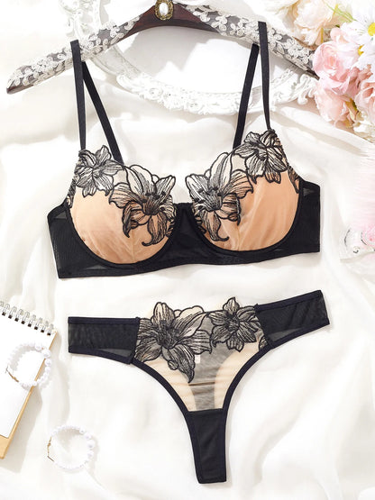 Sexy Underwire Cute Push Up Strappy Embroidered Mesh Sheer Lingerie Set See Through chick padding Panty Bra