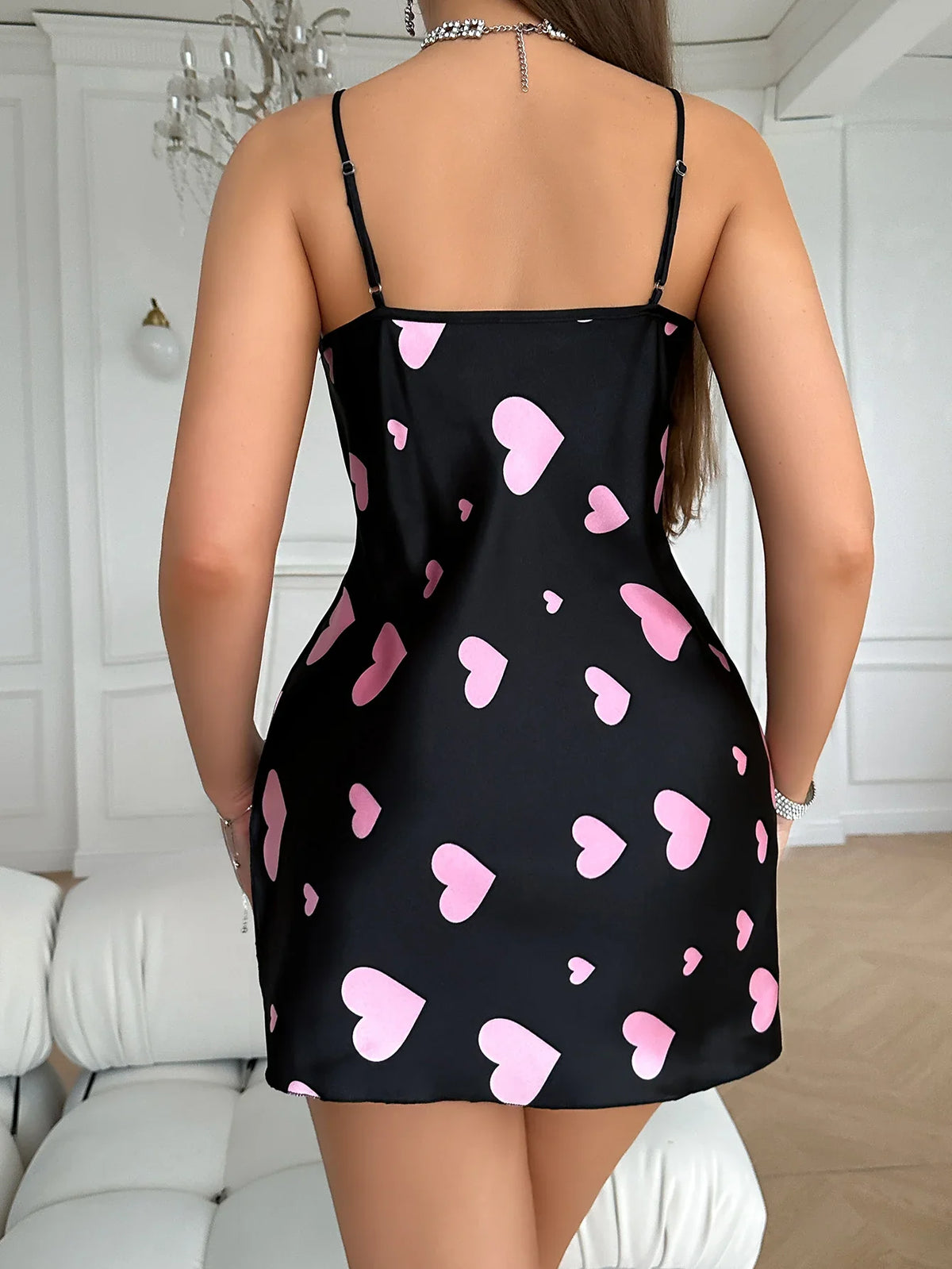 Heart Pattern Slip Night Dress Women V Neck Thin Spaghetti Straps Nightgown Fashionable and Comfortable Women&