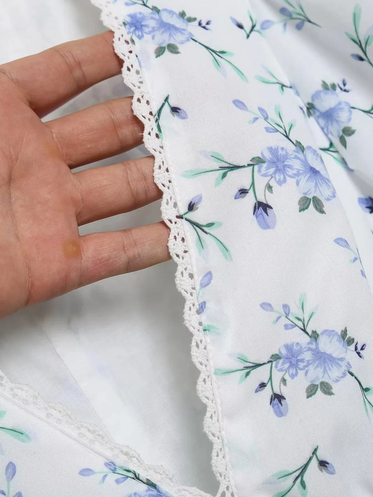 Foridol Blue Flower Print Women Tiered Mini Aummer Autumn Beach Dress Puff Sleeve Vintage Party Cotton Short Boho Lace Dress