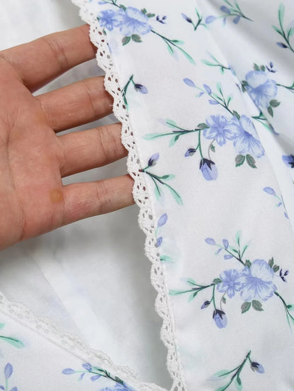 Foridol Blue Flower Print Women Tiered Mini Aummer Autumn Beach Dress Puff Sleeve Vintage Party Cotton Short Boho Lace Dress