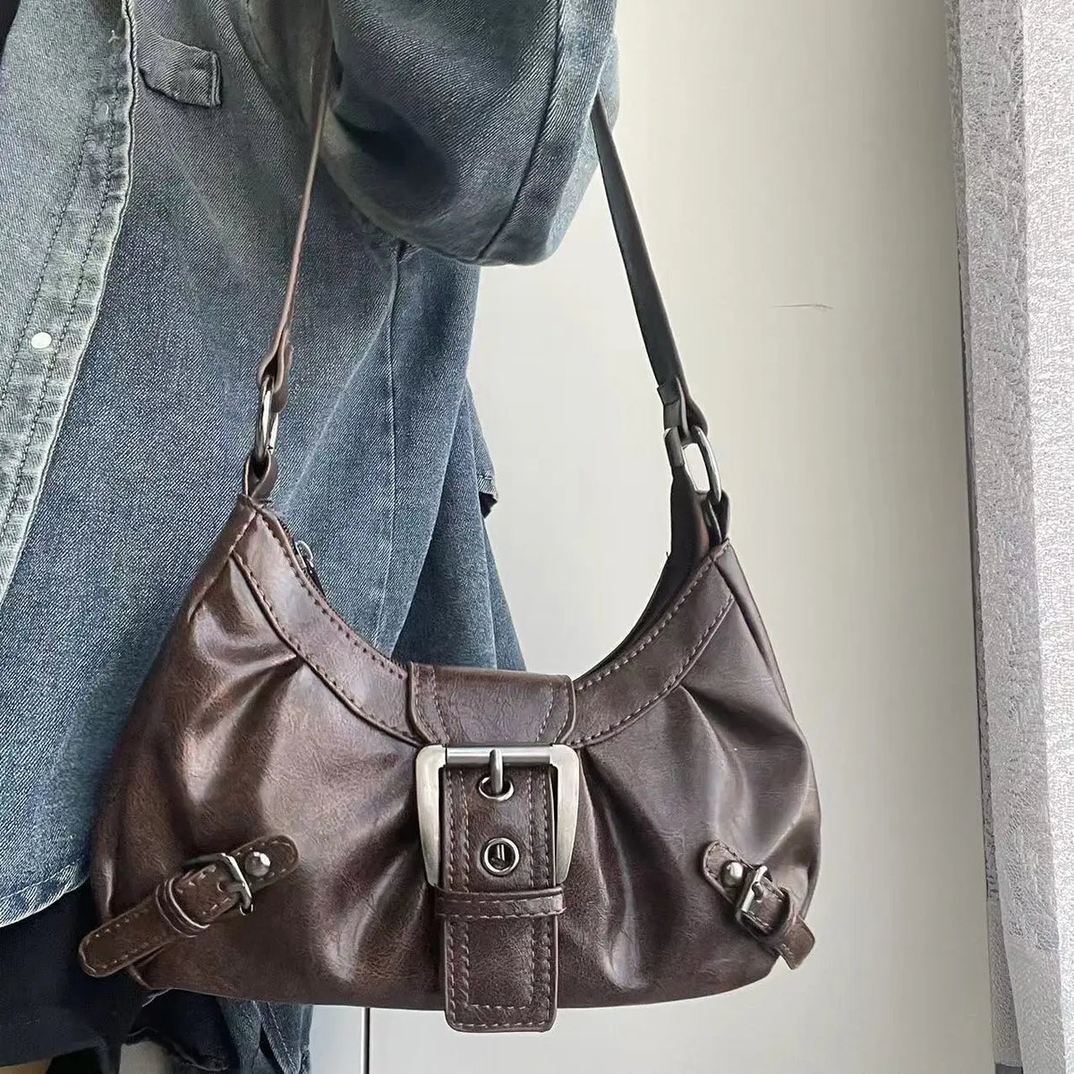 HEONYIRRY Maillard Style Retro Small Bag Spicy Girl Y2K Wasteland Vintage Leather Shoulder Armpit Bag - Zipper Closure
