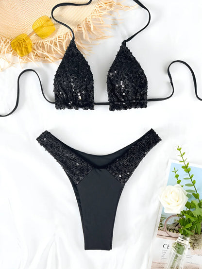 sexy black sequine gillter mini bikinis sets two pieces swimsuit thong bathing suit Swimwear Biquini conjunto de bikini tankini