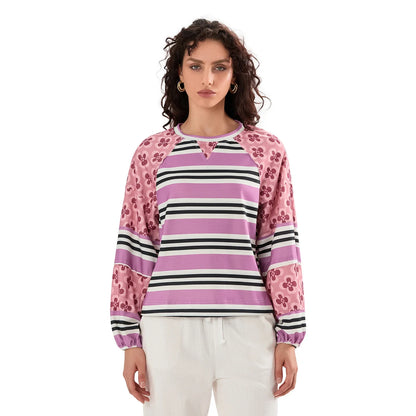 Loose Knitted Tops Women Contrast Color Stripe Floral Print Long Sleeve Pullovers Fall Winter Casual Jumpers
