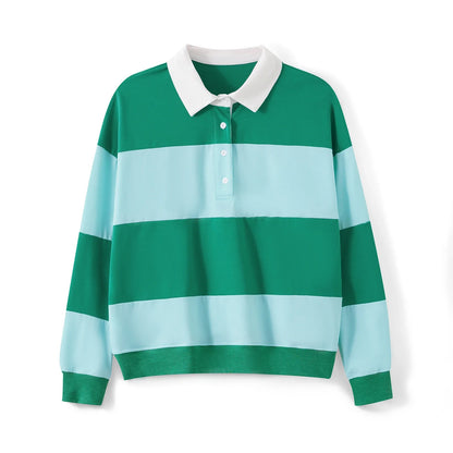Women Long Sleeve Spring Fall Lapel Collar T-shirts Striped Contrast Color Loose Pullovers Streetwear Tops