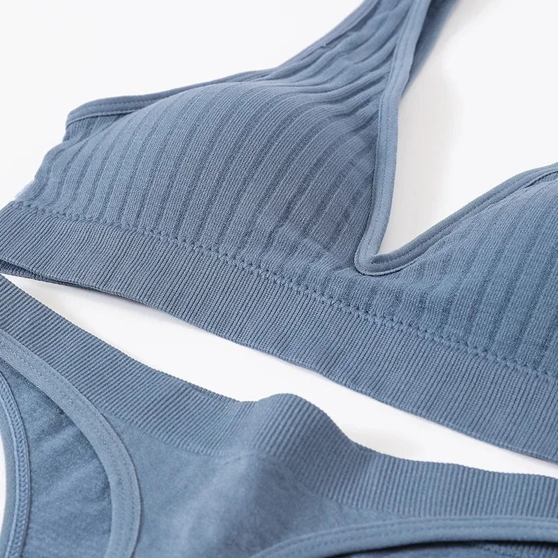 Women Seamless Bra And Panties Set Push Up Bras High Leg Cut Thongs Sport Wireless Brassiere Sexy Lingerie Ribbed Underwear