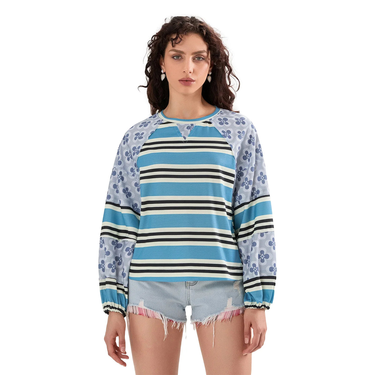 Loose Knitted Tops Women Contrast Color Stripe Floral Print Long Sleeve Pullovers Fall Winter Casual Jumpers