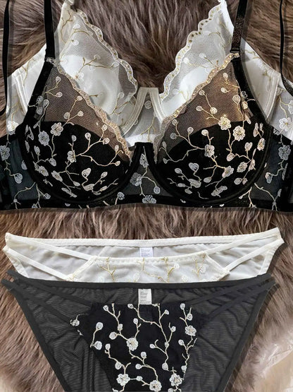 Summer Thin Lace Rabbit Ear Cup Deep V Beautiful Back Bra Set for Girls