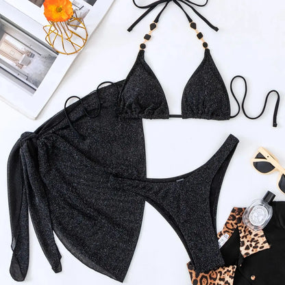 DEKA Women New Sexy Diamond Black Chain Bikinis Set Rhinestones 3 PCS Swiwmear Crystal Swimsuit Fashion Strap Bathing Suit