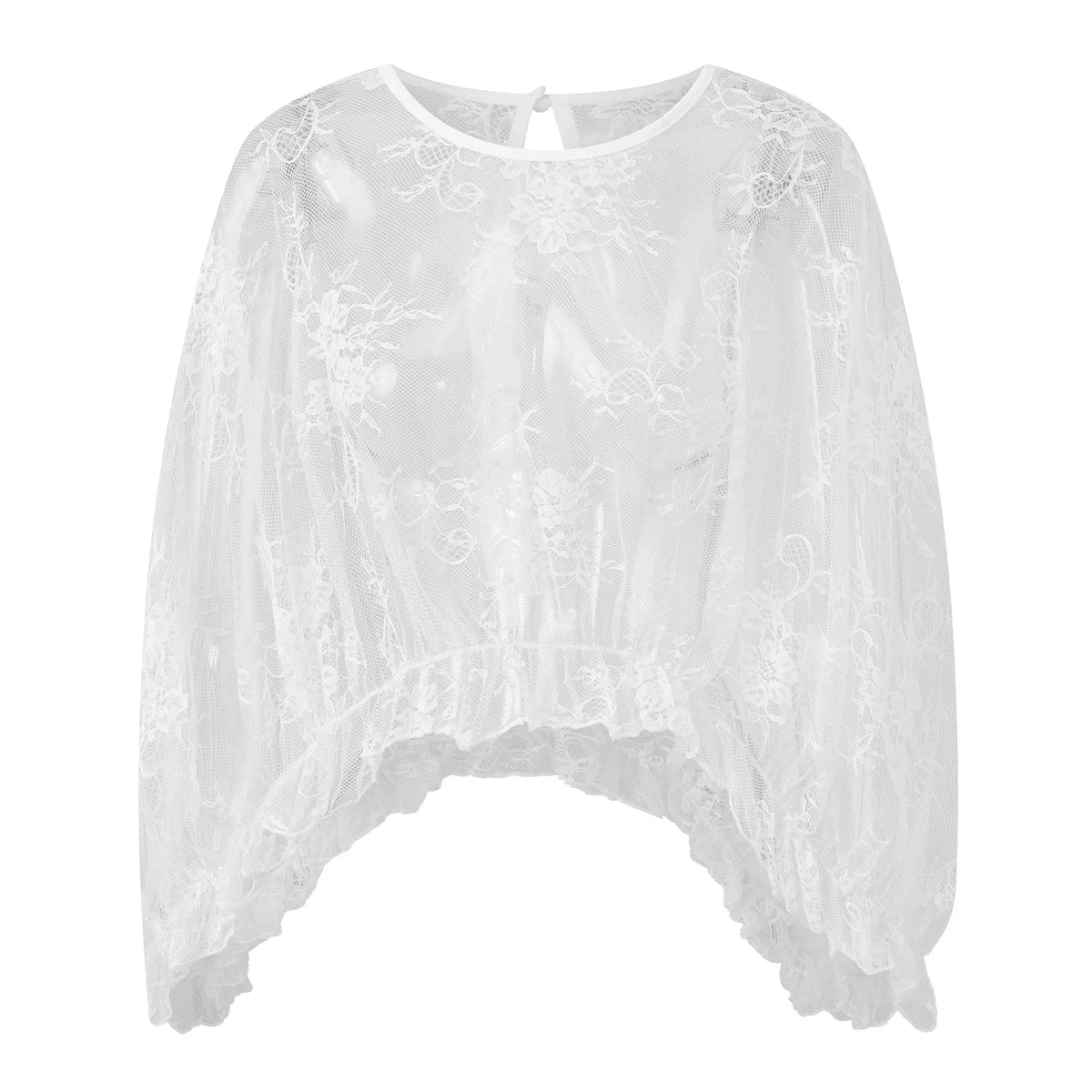 Women Solid Color Lace Tops Crew Neck Flower Cover-up Summer Sheer Tops Clubwear for Casual Daily