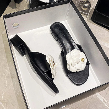 High End Luxury Flower Slippers Women Camellia Shoes Open Toe Slides Femme Outside&amp;Home Pantuflas Sandals Ladies Flip Flops