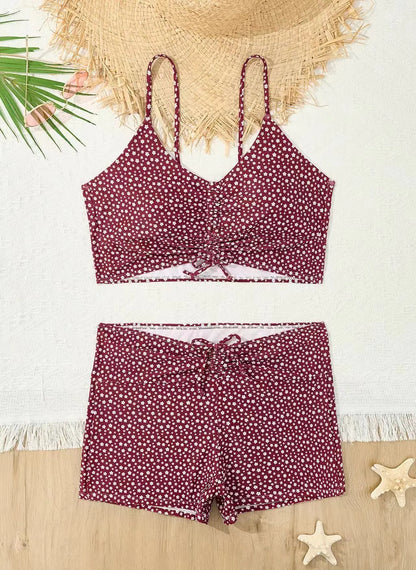 High Waist Bikini Swimsuit Women 2024 Floral Print Swim Suits Drawstring Front Shorts Boxers Swimwear Trunks Pool Bathing Suit