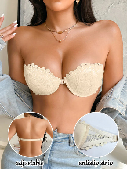 Half Cup Lace Women Strapless Bra Stylish Push Up Underwire Bra Comfortable Front Closure Daily Women&