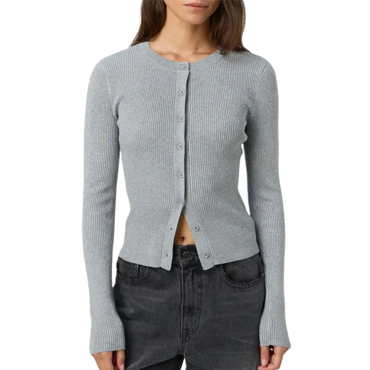 Autumn Winter Sweater Cardigan Women Solid Color Long Sleeve Round Neck Button Up Ribbed Knitwear Slim Coat
