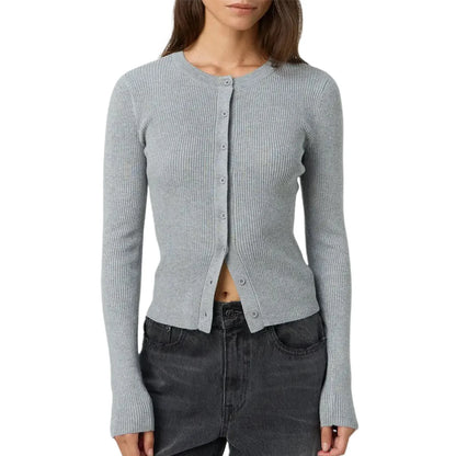 Autumn Winter Sweater Cardigan Women Solid Color Long Sleeve Round Neck Button Up Ribbed Knitwear Slim Coat