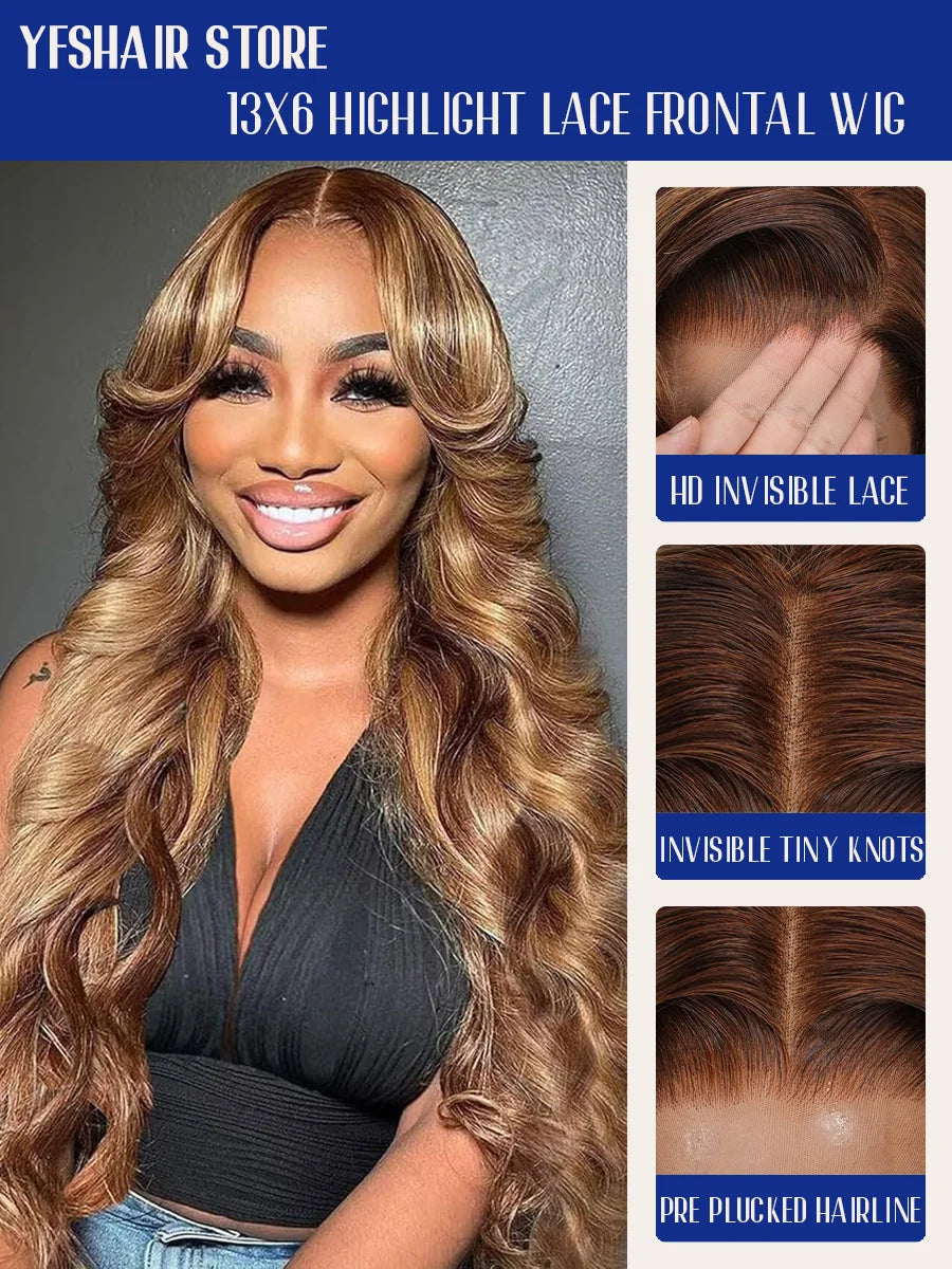 P4/27 Highlight Body Wave 40 Inch Long-length &amp; 200% High Density Human Hair Wigs HD Transparent Skin-melt Swiss Lace Frontal Wig