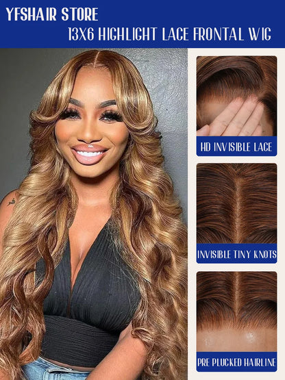 P4/27 Highlight Body Wave 40 Inch Long-length &amp; 200% High Density Human Hair Wigs HD Transparent Skin-melt Swiss Lace Frontal Wig