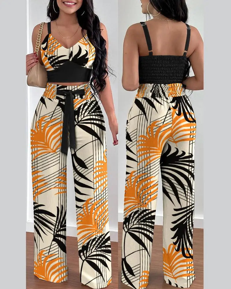 2 Piece Outfits For Women 2025 Sexy V-Neck Strap Shirred Slim Crop Top &amp; Lace-up Wide Leg Pants Sets Elegant Office Lady Suit