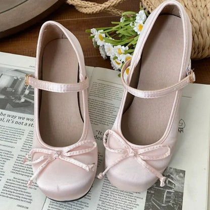 2025 spring cute sweet Bowknot Mary Janes for Women  vintage Silk Med Heels  pumps Ladies  Banquet Wedding Single Shoes Mujer