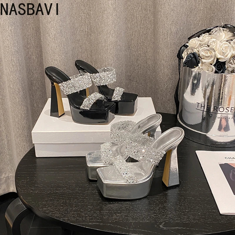 Summer 2026 Crystal Shiny Hollow Out High Heels Women&
