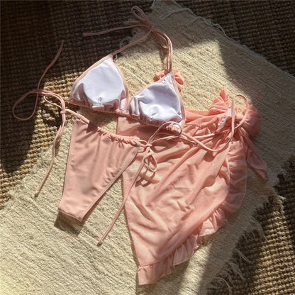 Sexy 3D Flower String Halter Bikinis 2025 Women Swimsuit Cover Ups Lace-up Thong Swimwear Beach Wear Bather 3 Piece Bikini Set
