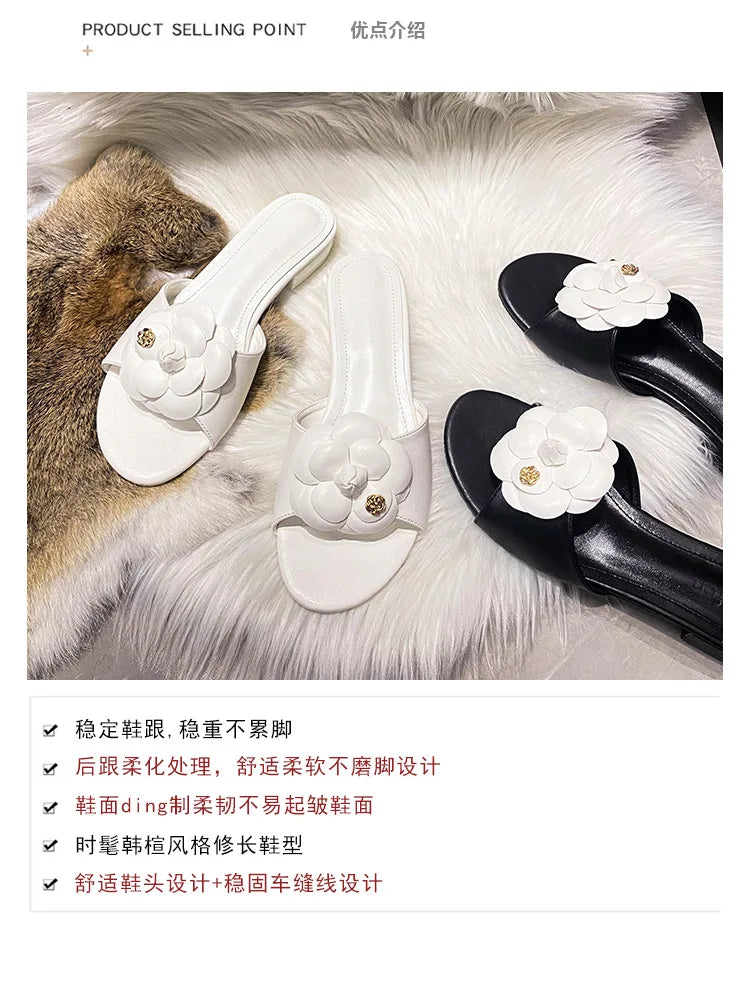 High End Luxury Flower Slippers Women Camellia Shoes Open Toe Slides Femme Outside&amp;Home Pantuflas Sandals Ladies Flip Flops