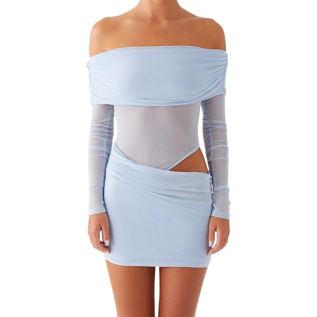 Women Mini Off Shoulder Slim Ruched Solid Color Party Club Dresses Cut Out Long Sleeve Backless Short Mesh Bodycon Dress