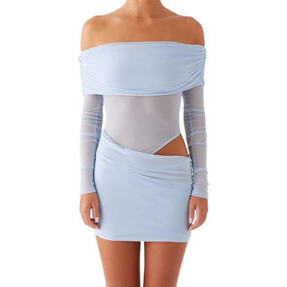 Women Mini Off Shoulder Slim Ruched Solid Color Party Club Dresses Cut Out Long Sleeve Backless Short Mesh Bodycon Dress