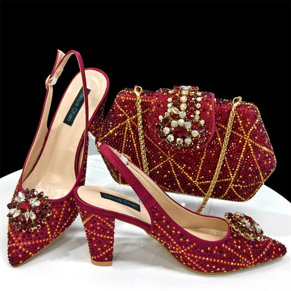Doershow beautiful Italian Shoes And Bag Sets For Evening Party With Stones Italian Leather Handbags Match Bags! 1-30