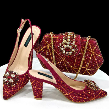Doershow beautiful Italian Shoes And Bag Sets For Evening Party With Stones Italian Leather Handbags Match Bags! 1-30