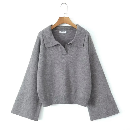 Foridol Grey Flare Sleeve Turn Down Collar Warm Winter Sweater Women Pullover Knitted Jumper Autumn Casual Sweater Loose