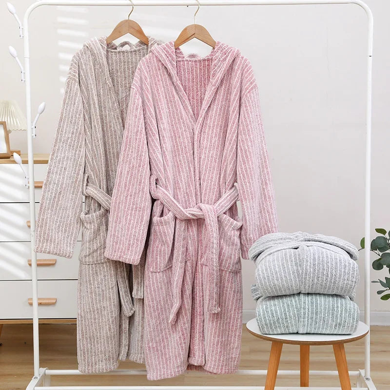 1pcs Unisex Autumn Stripe Bathrobe Hooded Kimono Bath Robe Night Cozy Sleepwear Women Dressing Gown Home Clothes 2025 New