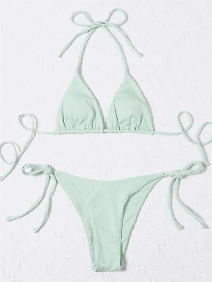 Sexy Brown Bikini 2026 Women Solid Red Halter Push Up Bra Tie Side Triangle Swimsuit Summer Bathing Suit Lace Up Micro Swimwear