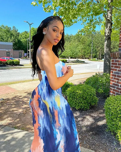 Spring And Summer Dresses For Women Chest Wrap Printed Off Shoulder Bandage Slim Sexy Long Dress 2023 New Fashion party MsChuh