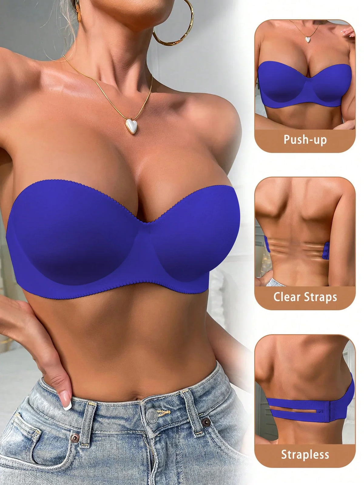 Blue strapless half cup gathering and lifting bra seamless invisible strapless sexy party women&