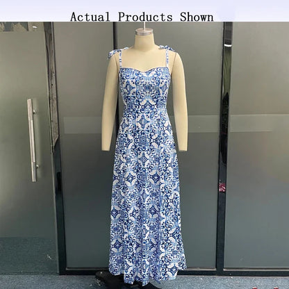 Porcelain Print Slim Strap Sleeveless Tie up Backless Split Dresses