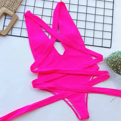 Long Strap Wrap Around Swim Suit For Women Swimwear One Piece Swimsuit Female Bather Snake Print Bathing Suit Beach V852