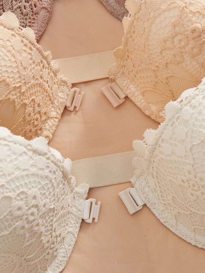 3Pcs Lace Women Strapless Bra Stylish Front Buckle Push up Bra Invisible Off-Shoulder Underwire Bras Women