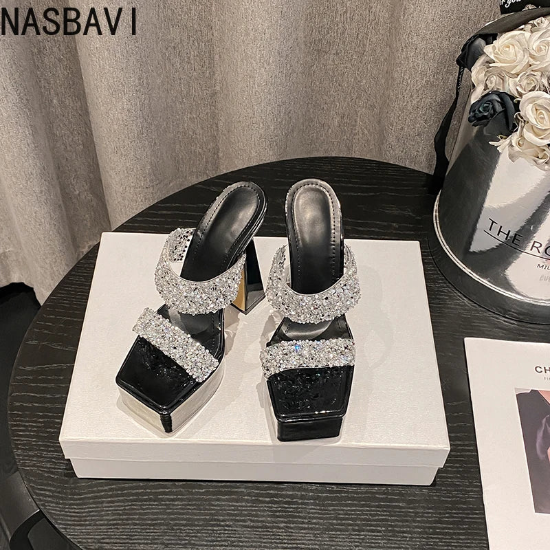 Summer 2026 Crystal Shiny Hollow Out High Heels Women&