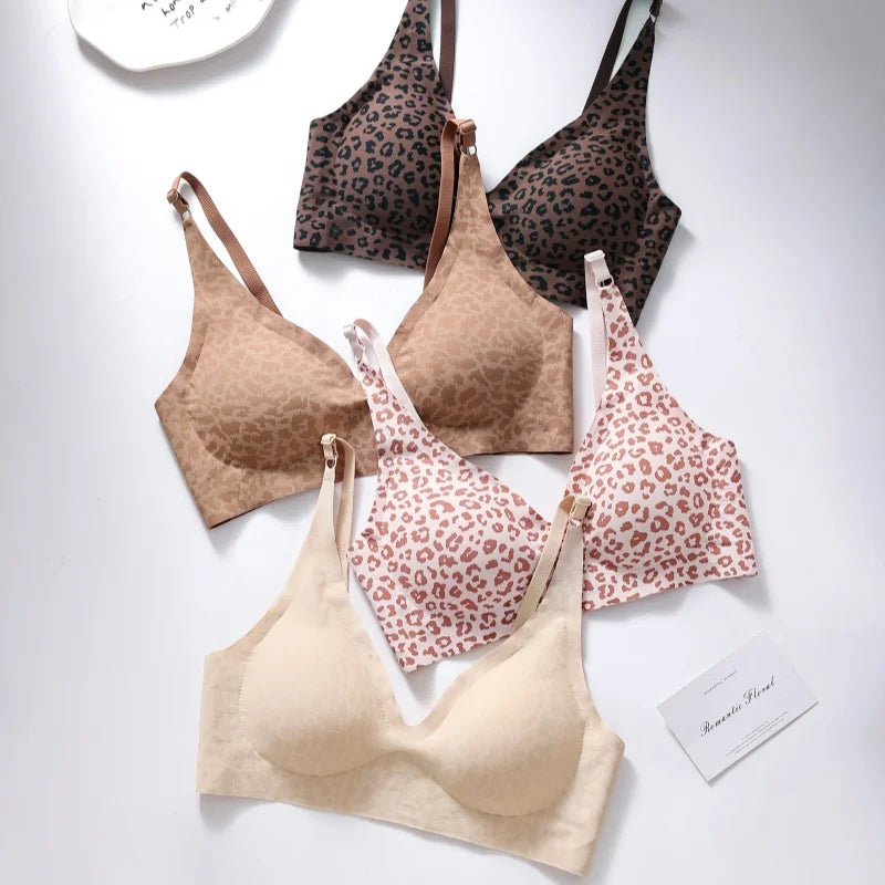 No-Show Seamless Bras For Women Non-wire V-neck Bralette Leopard Print Removable Pads Sports Underwear Sexy Lingerie S-5XL