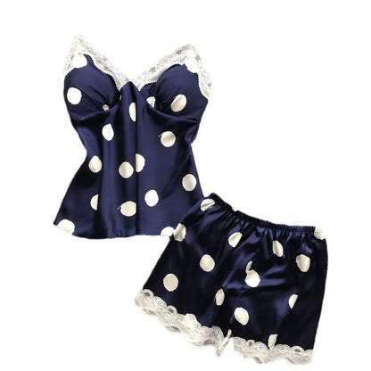 Polka Dot Print Satin &amp; Lace Cami Shorts Set with Built-in Soft Padded – Top-Rated Women&