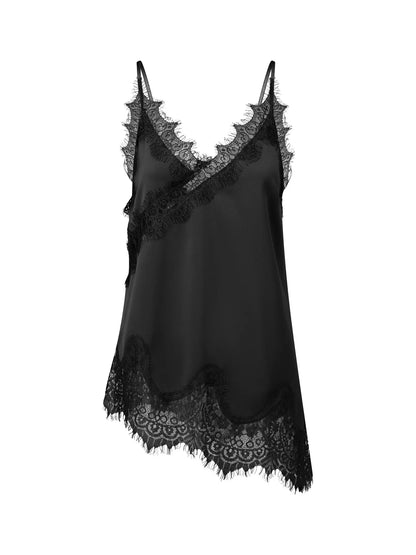 Women Summer Solid Color Lace Trimmed Camisole Fashion Spaghetti Strap Tank Top with Scalloped Hem