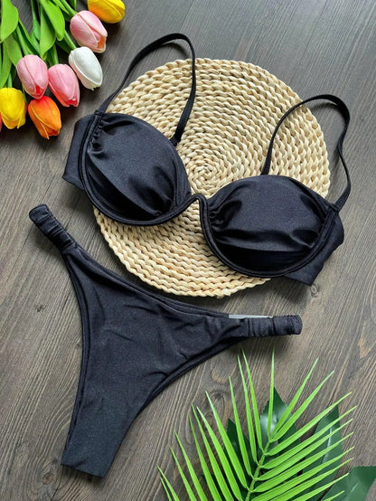 Sexy Steel bracket Solid color Bikini Set Women&