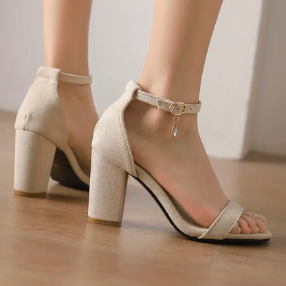 Beige Suede Ankle Strap Block Heel Sandals for Women, Round Open Toe with Rhinestone Accent, Multiple Colors Available