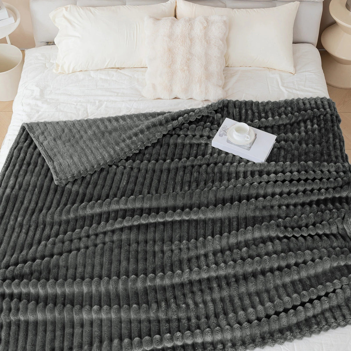 1pc solid color thick wide stripe multifunctional blanket, can be used as bed sheet covering blanket, nap blanket, pet blanket