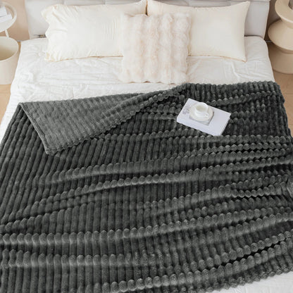 1pc solid color thick wide stripe multifunctional blanket, can be used as bed sheet covering blanket, nap blanket, pet blanket