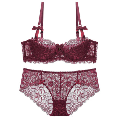 French Lace Thin Cup Underwear Set Sexy Women 1/2 Cup Push Up Bra Set Fashion Embroidery Lingerie Plus Size Breathable Brassiere