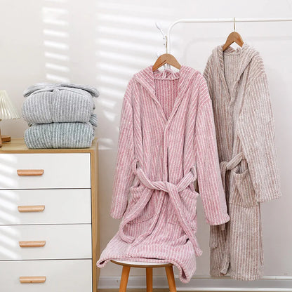 1pcs Unisex Autumn Stripe Bathrobe Hooded Kimono Bath Robe Night Cozy Sleepwear Women Dressing Gown Home Clothes 2025 New